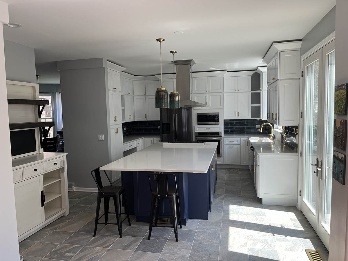 Custom kitchen remodel with white cabinets